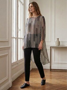 ANNE FONTAINE black and white striped semi-sheer high-low silk tunic top size 44